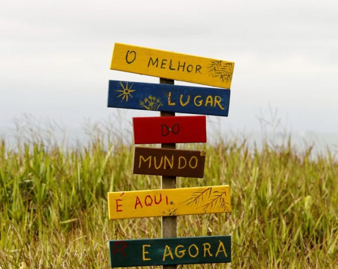 Vibrant multilingual sign in a grassy field in Guaratuba, Paraná, Brazil, showcasing local charm.